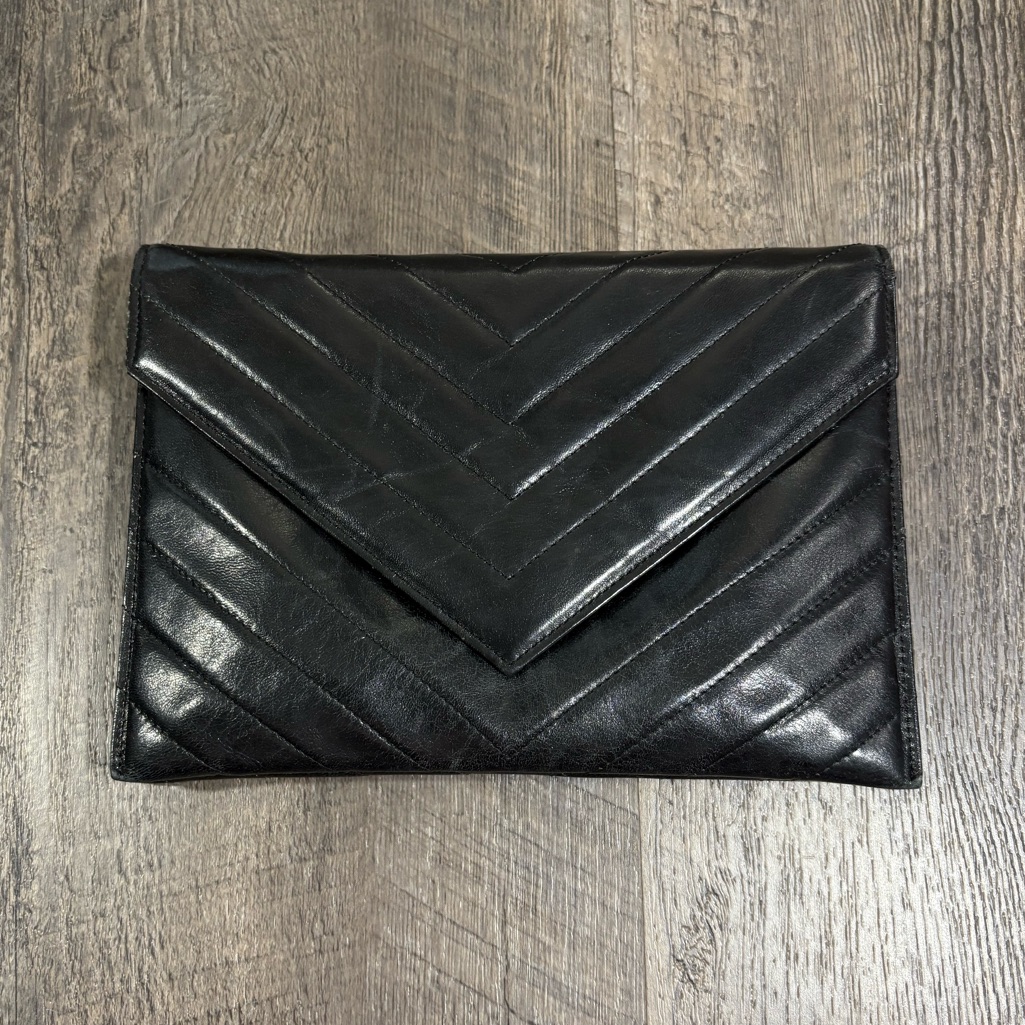 Yves Saint Laurent Vintage Leather Clutch Bag Black V-Stitch Quilted Envelope